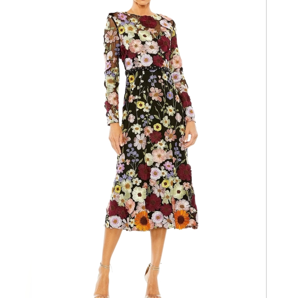 MAC DUGGAL Floral Embroidered Illusion High Neck Midi Dress Size 6 Black Multi 6